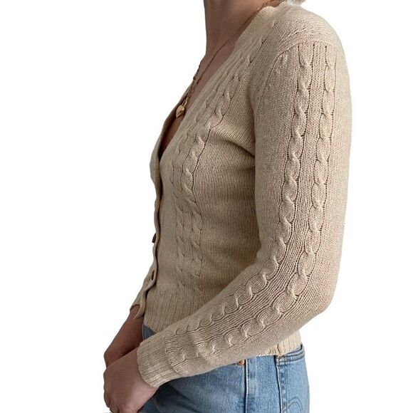 Vintage 1960s Womens Jaeger Cashmere Wool Blend Beige Tan Preppy Cardigan XS - Picture 5 of 8